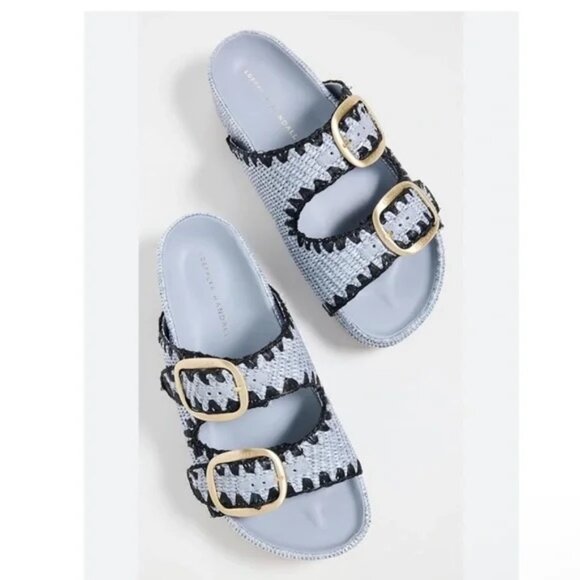 Loeffler Randall Theo Sandal 7 Blue Black Raffia Woven Platform Slide - Picture 4 of 12